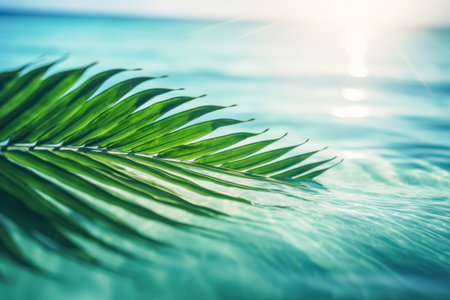 Summer background. Palm leaves on wave beach abstract. Generative ai.の素材