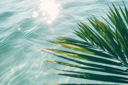 Summer background. Palm leaves on wave beach abstract. Generative ai.の素材