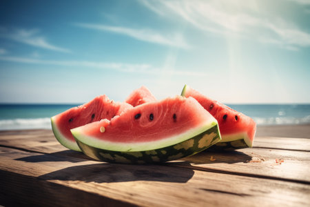 Watermelon on wood table at beach abstract background. Summer vacation and food concept. Generative ai.の素材