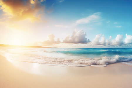 Tropical beach with sunset sky and clouds abstract background. Summer vacation and travel concept. Generative ai.の素材