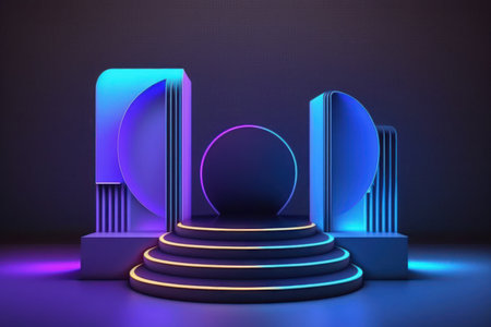3d neon podium abstract background. Copy space product presentation. Generative ai.の素材