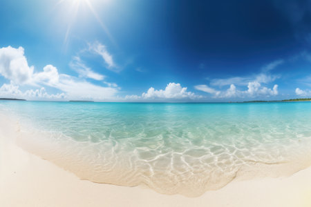 Tropical beach with blue sky and white clouds abstract background. Summer vacation and travel concept. Generative ai.