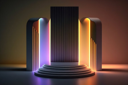 3d neon podium abstract background. Copy space product presentation. Generative ai.の素材