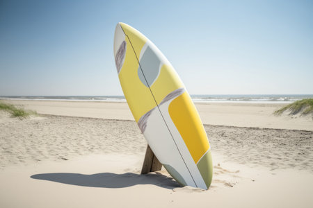 Beautiful surfboard on the beach background. Sport and nature concept. Generative AIの素材