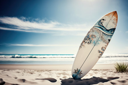 Beautiful surfboard on the beach background. Sport and nature concept. Generative AIの素材