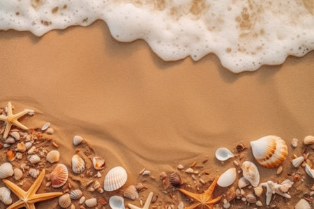 Starfish and seashells on tropical beach abstract background. Summer vacation and nature concept. Generative ai.の素材