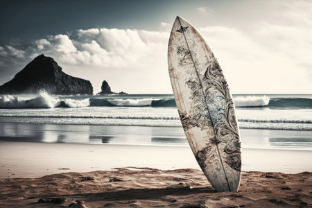 Beautiful surfboard on the beach background. Sport and nature concept. Generative AIの素材