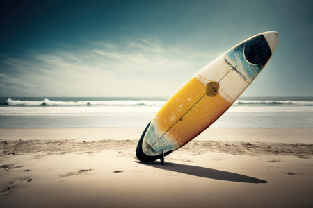 Beautiful surfboard on the beach background. Sport and nature concept. Generative AIの素材