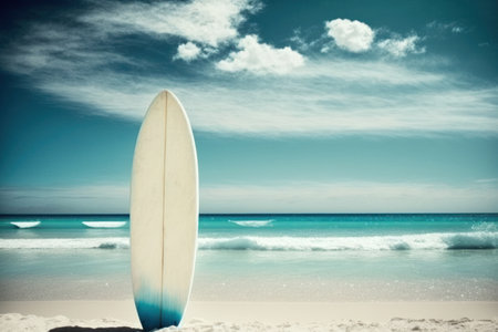 Beautiful surfboard on the beach background. Sport and nature concept. Generative AIの素材