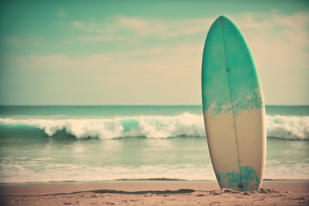 Beautiful surfboard on the beach background. Sport and nature concept. Generative AIの素材