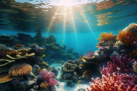 Under blue sea and colorful coral abstract background. Summer and environment concept. Generative ai.の素材