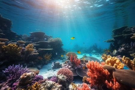 Under blue sea and colorful coral abstract background. Summer and environment concept. Generative ai.の素材