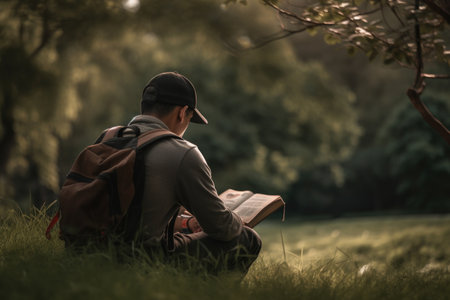 Man reading book at nature park abstract background. World book day and hobby education concept. Generative ai.の素材