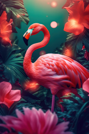 Flamingo in tropical nature forrest abstract background. Animal and environment concept. Generative aiの素材