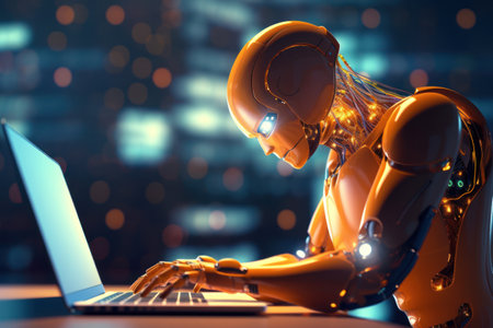 Ai robot using laptop at office abstract background. Technology future concept. Generative ai.の素材