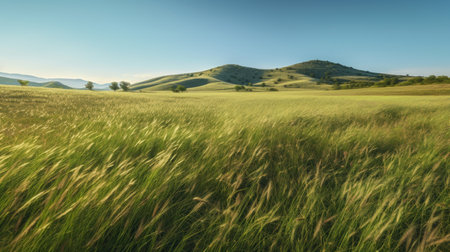 Green grass meadow on hill nature summer landscape abstract background. Generative ai.の素材