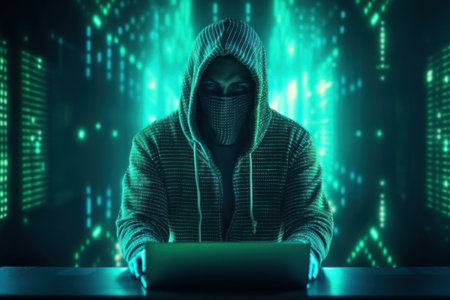 Hoodie hacker cyber security using laptop. Techonology data concept. Generative ai.の素材