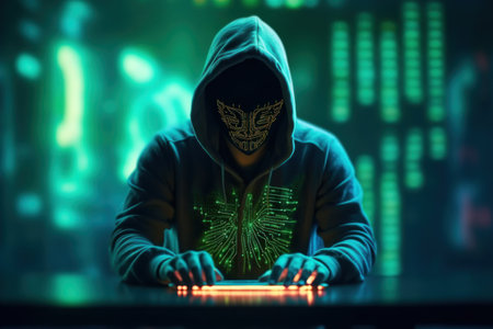 Hoodie hacker cyber security using laptop. Techonology data concept. Generative ai.の素材