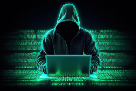 Hoodie hacker cyber security using laptop. Techonology data concept. Generative ai.の素材