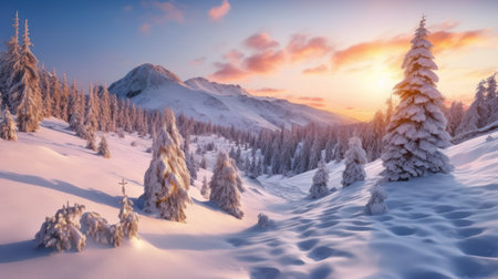 Snow mountain and sunset sky abstract background. Season and environment concept. Generative ai.の素材