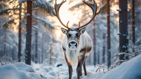 Reindeer at snow forrest abstract background. Animal and nature concept. Generative ai.の素材