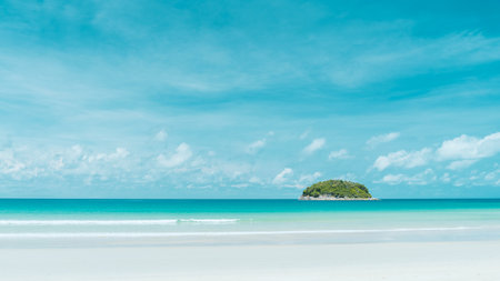 Beautiful tropical beach with blue sky and white clouds abstract texture background. Copy space of summer vacation and holiday business travel concept. Vintage tone filter effect color style.の写真素材