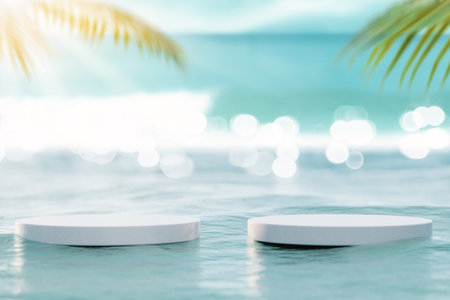 3d podium with copy space for product display presentation on palm beach and blue sky abstract background. Tropical summer and vacation concept. Graphic art design.の写真素材