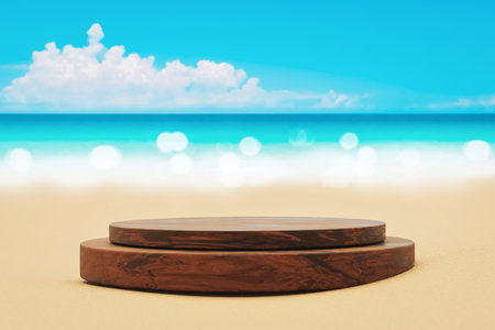 3D wooden podium with copy space for product display presentation on beach with blue sky and white clouds abstract background. Tropical summer andvacation concept. Graphic rendering illustration.の写真素材