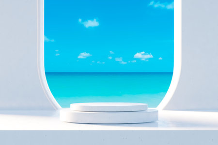 3D podium with copy space for product display presentation on beach with blue sky and white clouds abstract background. Tropical summer and vacation concept. Graphic rendering illustration design.の写真素材