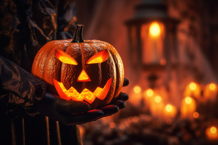 Witch holding pumpkin at night abstract background. Halloween concept. Generative ai.の素材