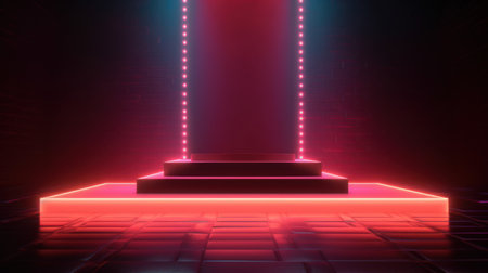 3d neon podium abstract background. Copy space product presentation. Generative ai.の素材