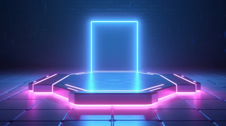 3d neon podium abstract background. Copy space product presentation. Generative ai.の素材