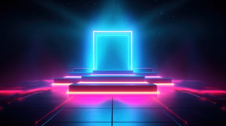 3d neon podium abstract background. Copy space product presentation. Generative ai.の素材