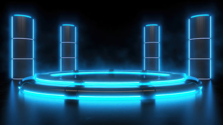 3d neon podium abstract background. Copy space product presentation. Generative ai.の素材