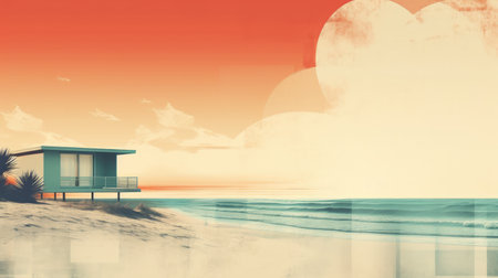 Drawing retro tropical beach summer abstract background. Graphic illustration design. Generative ai.の素材
