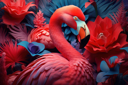 Flamingo and tropical nature flower abstract background. Generative ai.の素材