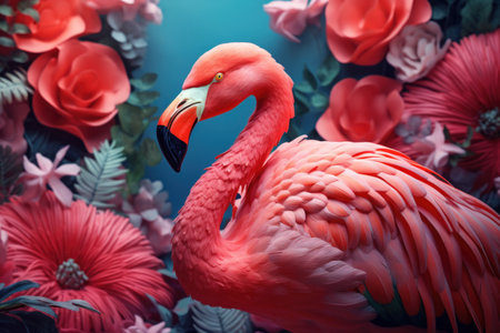 Flamingo and tropical nature flower abstract background. Generative ai.の素材