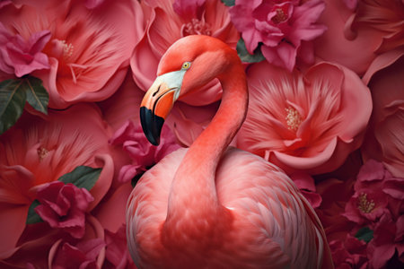Flamingo and tropical nature flower abstract background. Generative ai.の素材