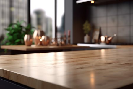 Copy space of luxury table top counter on blur kitchen abstract background. Food and product presentation. Generative Aiの素材