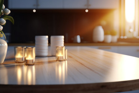 Copy space of luxury table top counter on blur kitchen abstract background. Food and product presentation. Generative Aiの素材