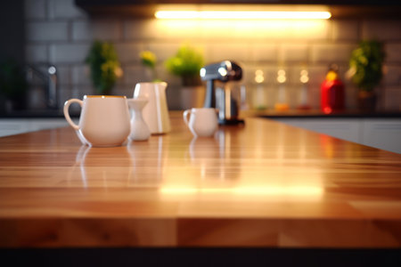 Copy space of luxury table top counter on blur kitchen abstract background. Food and product presentation. Generative Aiの素材