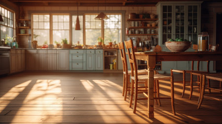 Copy space wooden table in kitchen abstract background. Generative ai.の素材