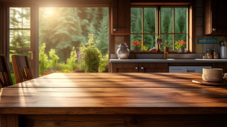 Copy space wooden table in kitchen abstract background. Generative ai.の素材