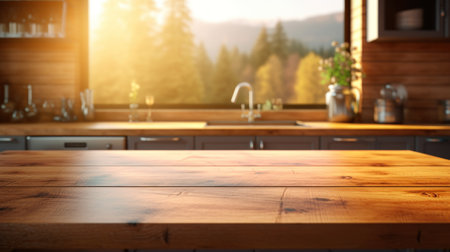 Copy space wooden table in kitchen abstract background. Generative ai.の素材
