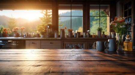 Copy space wooden table in kitchen abstract background. Generative ai.の素材