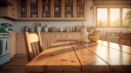Copy space wooden table in kitchen abstract background. Generative ai.の素材