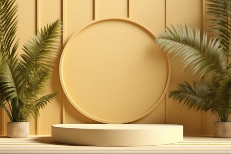 Yellow wall and palm leaf abstract background. Product presentation. Generative ai.の素材