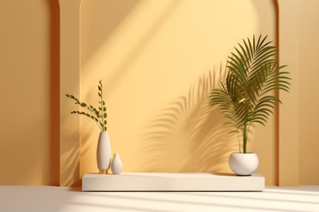 Yellow wall and palm leaf abstract background. Product presentation. Generative ai.の素材