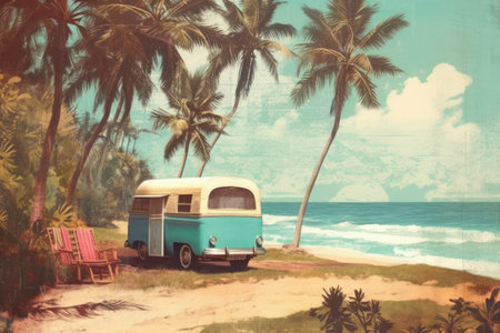 Drawing retro tropical beach summer abstract background. Graphic illustration design. Generative ai.の素材