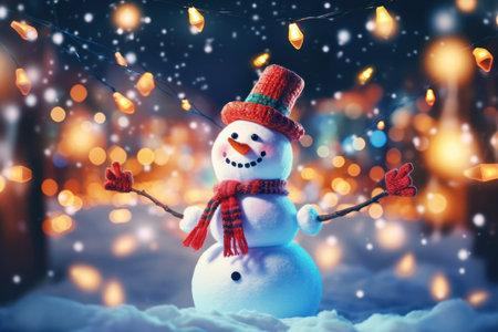 Snow man on night festival abstract background. Christmas theme. Generative ai.の素材